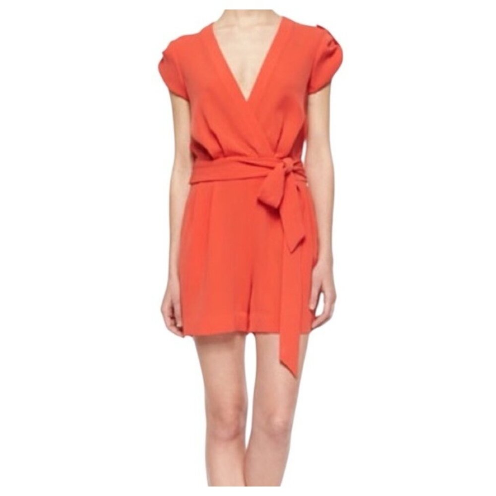 DVF Diane Von Furstenberg Orange Crepe Belted Purdette Shorts Romper Size 2